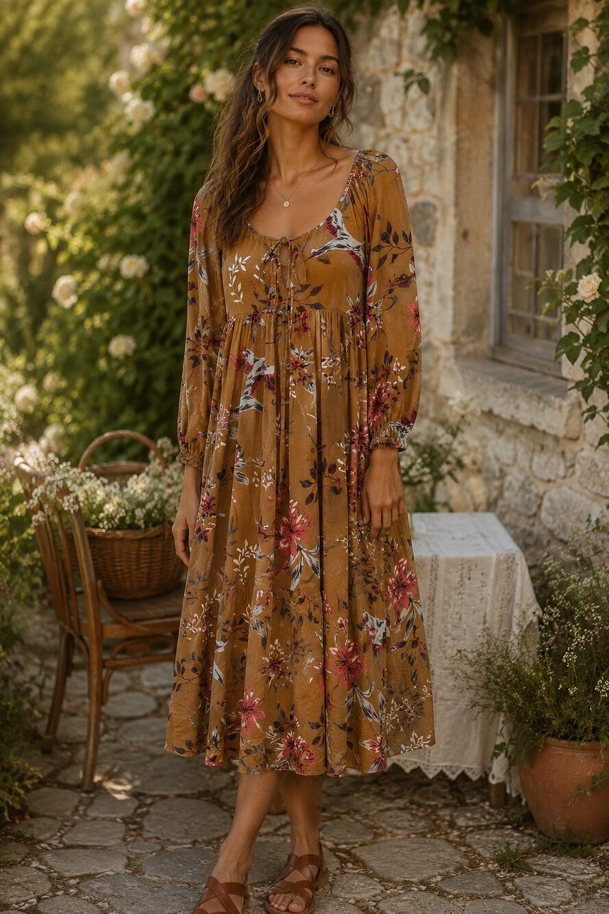 Rachel Pally Dale Romantic Empire Floral Midi Dress Bohemian Cottagecore Size XS